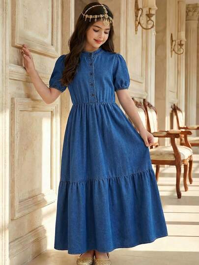 Girlism Vestido vaquero de manga corta con cuello de pie pequeño y diseño de burbujas para adolescentes, estilo casual, vintage, cool y cómodo de la calle, para ropa de adolescentes, atuendos diarios, primavera y verano, festivales y ropa de calle