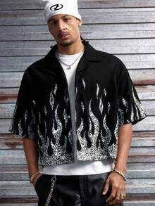 AXEPEAK Men's Front Button Short Sleeve Dropped Shoulder Casual Loose Flame Pattern Shirt - Black - View 3