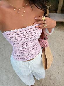 Sunnyshic Women's Strapless Vacation Striped Colorblock Sweater - Baby Pink - View 1