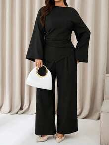 Auralis 大码女装秋冬时尚套装，优雅宽松，舒适百搭：棕色两件套，包含一件喇叭袖褶皱上衣和一条阔腿裤，秋季穿搭，温暖舒适的秋冬女装。 - 黑色 - 查看 5