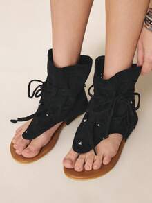 Styleloop 女士编织绳坡跟凉鞋，度假风波西米亚复古美式西部音乐节派对厚底鞋 - 黑棕 - 查看 7