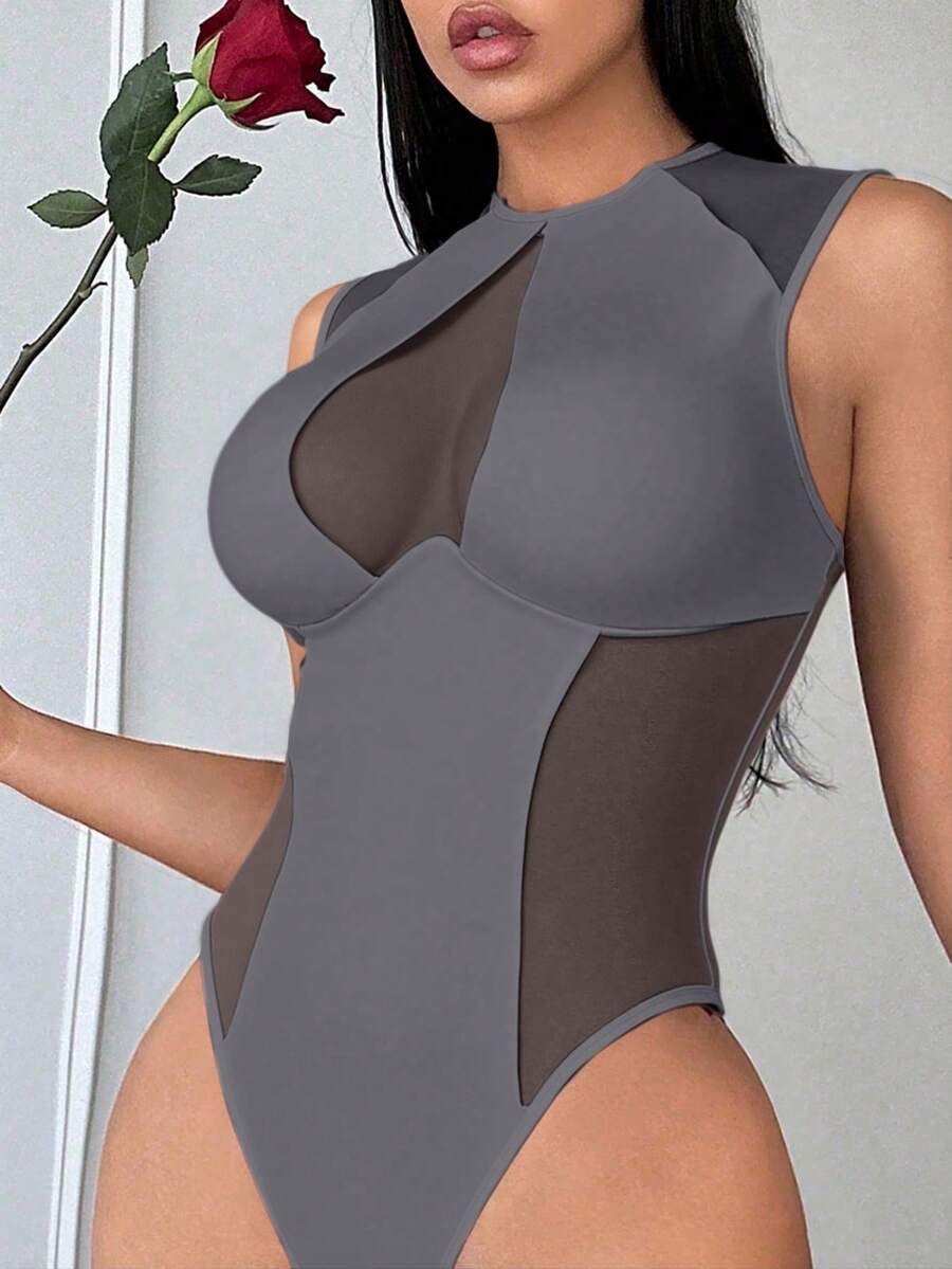 SHEIN SXY 女士白色网纱拼接无袖性感连体衣 - 深灰色 - 查看 1