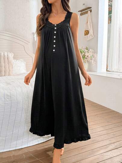 Moonlight&Mama Lace Patchwork Button Decor Knit Casual Sleeveless Maternity Dress, Comfortable Long Nightgown