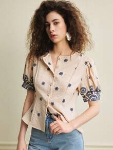 Écloséra Women's Light Apricot Embroidered Print Blouse, Summer Top, Pearl Button, Puff Sleeves, Round Neck, Fitted Waist. Suitable For Summer Wear, Springs, Valentine's Days, Elegant Women's Blouses, Women's Summers, Holidays, Women's Casual Top, Women's Patterned Blouses, White Top, Commuting Fashion, And Other Women's Blouse Styling Options.Fashionable Casual Commuter Wear, Business Office Wear, Versatile And Stylish Everyday Casual Wear, Urban Teacher's Professional Attire - Apricot - View 2