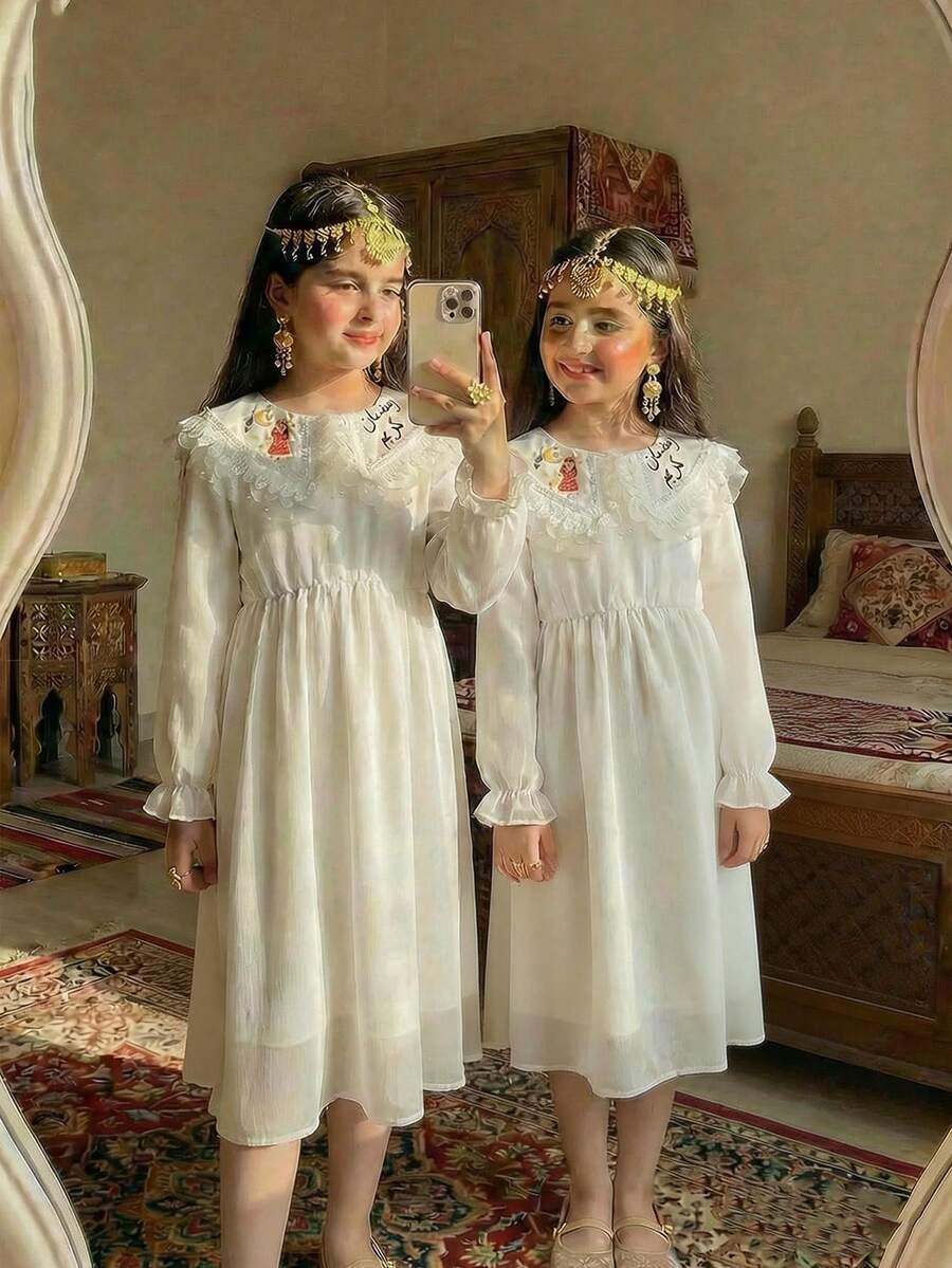 Young Girl Floral Lace Collar Long Sleeve Dress, Sweet & Cute Countryside Style, Spring/Autumn - White - View 1