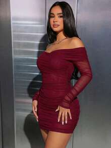 SHEIN PETITE Off Shoulder Ruched Mesh Bodycon Going Out Black Dress - Burgundy - View 6