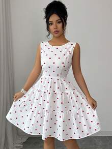 Rafferiza 心形印花优雅圆领无袖蛋糕裙，饰有蝴蝶结，白色连衣裙，适合情人节穿着。 - 白色 - 查看 4