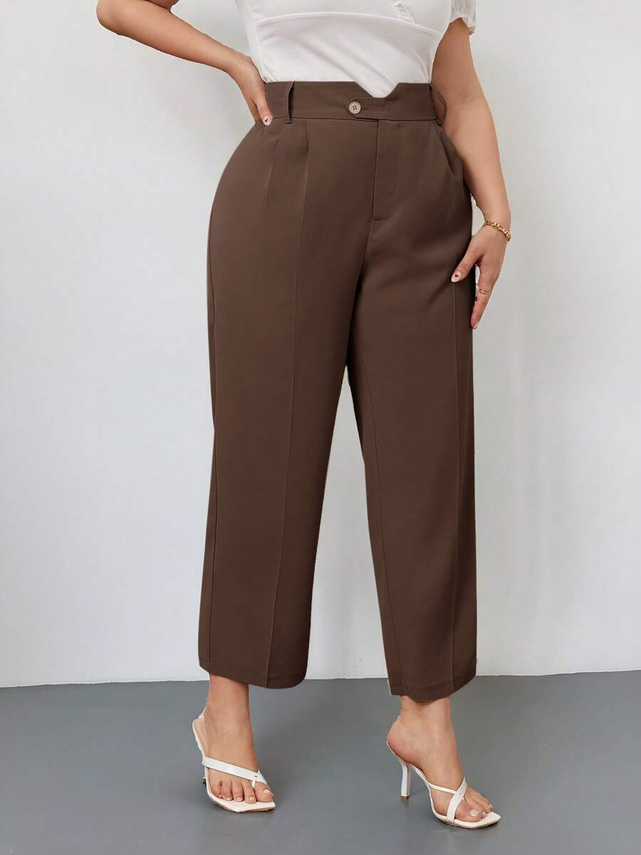 Firerie Plus Size Women's Solid Color Pleated Casual Versatile Wide Leg Pants For Daily Wear - Mocha Brown - View 1