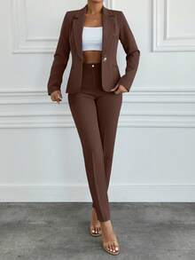 EURMUSE Bộ đồ nữ công sở màu trơn, áo khoác và quần, kiểu dáng thường ngày, thích hợp đi làm. - Màu nâu  Mocha - Xem 8