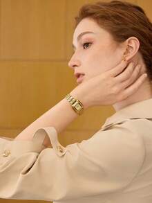 MOTF PREMIUM 1PC WOMEN'S SQUARE NUMERIC DIAL SMALL GOLD WATCH WITH STEEL BAND - Gold - View 3