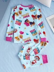 SHEIN | PAW Patrol 两件套女童卡通小狗印花圆领插肩袖上衣和裤子舒适弹力睡衣套装 - 藍色 - 查看 2