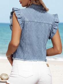 Breezaya Women's Frayed Hem Front Button Ruffle Trim Casual Denim Jacket And Coat - Blue - View 2
