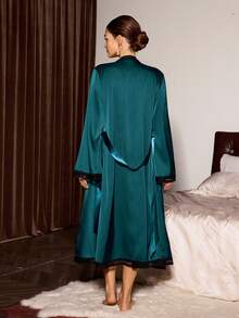 Slumberist 2pcs Faux Silk Lace Patchwork Criss-Cross Backless Tie Robe & Slip Dress Set For Women - Teal Blue - View 2