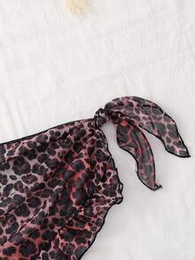 SHEIN Young Girl Leopard & Floral Print One-Piece Swimsuit Cover-Up With Skirt, Beach Vacation - Brown - View 9