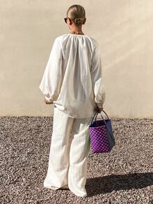 Livesso Women's Pleated Round Neck Loose Top And Casual Wide Leg Pants 2 Pieces Set, Summer Holiday Outfit - Apricot - View 2