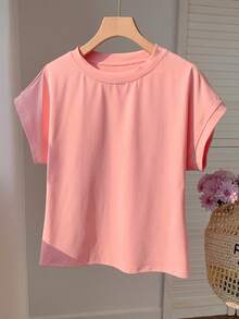 Comfortcana 女士纯色圆领短袖休闲百搭T恤 - 珊瑚粉 - 查看 4