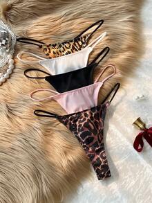 Bare Chapter 5pcs/Pack Comfortable Sexy Leopard Print & Solid Color Thong Panties - Multicolor - View 1