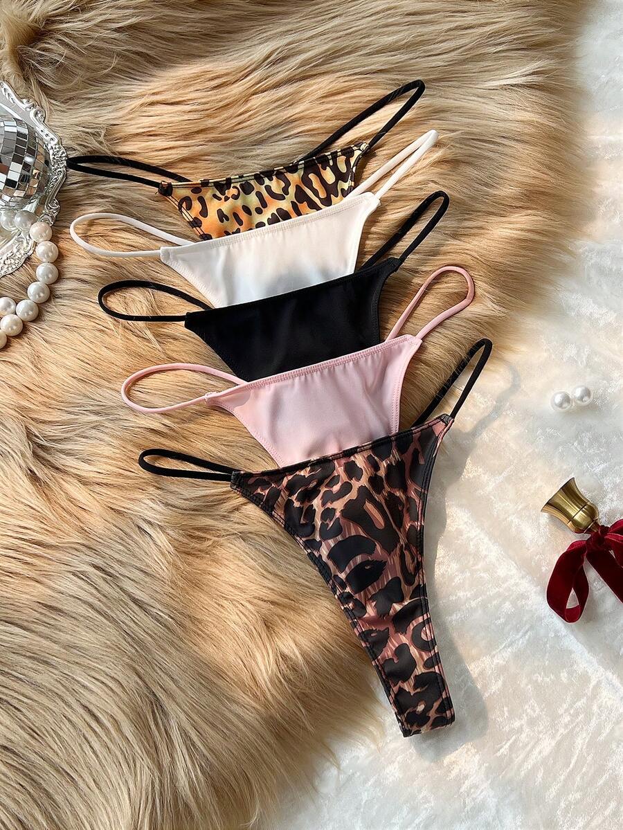 Bare Chapter 5pcs/Pack Comfortable Sexy Leopard Print & Solid Color Thong Panties - Multicolor - View 1
