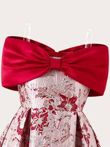 Tween Girl Elegant Lady Formal Gown, Off-Shoulder Jacquard Mid-Length Dress - Red - View 3