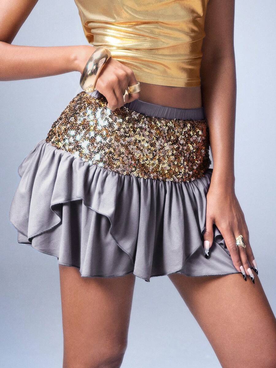 Y2Kool Women's Sequin Pleated Sexy Mini Skirt, Suitable For Party, Evening, Y2K Streetwear, Spring/Summer - Grey - View 1