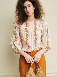 Écloséra New Arrival French Minimalist Pure Cotton Elegant Floral Print Ruffle Trim Loose Casual Women Blouse - Orange - View 5