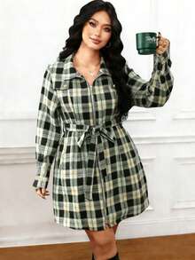 EMERY ROSE Plus Size Women's Casual Everyday/Work Commute Plaid Print Zip-Up Belted Dress, Spring/Autumn - Multicolor - View 3
