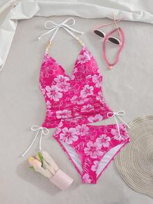 Swim Vcay Ladies Beach Music Festival Spring/Summer Flower Pattern Beaded Drawstring Ruched Neck Hanging Elegant Ladies Tankini Swimsuit Two Pieces Set - Multicolor - View 6