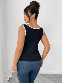 Elenzga Camiseta sin espalda elegante y sexy para mujer talla grande, de punto elástico ancho con decoración floral 3D, cómoda y elegante, color blanco - Blanco y Negro - Ver 2