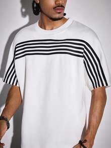 ROMWE MEN Essentials Men's Casual Striped Print Round Neck Short Sleeve T-Shirt - White - View 8