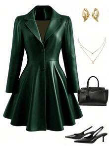 DreamSkyne Plus Size Women Minimalist Cinched Waist Mid-Length Jacket, Suitable For Commuting, Autumn/Winter - Dark Green - View 6