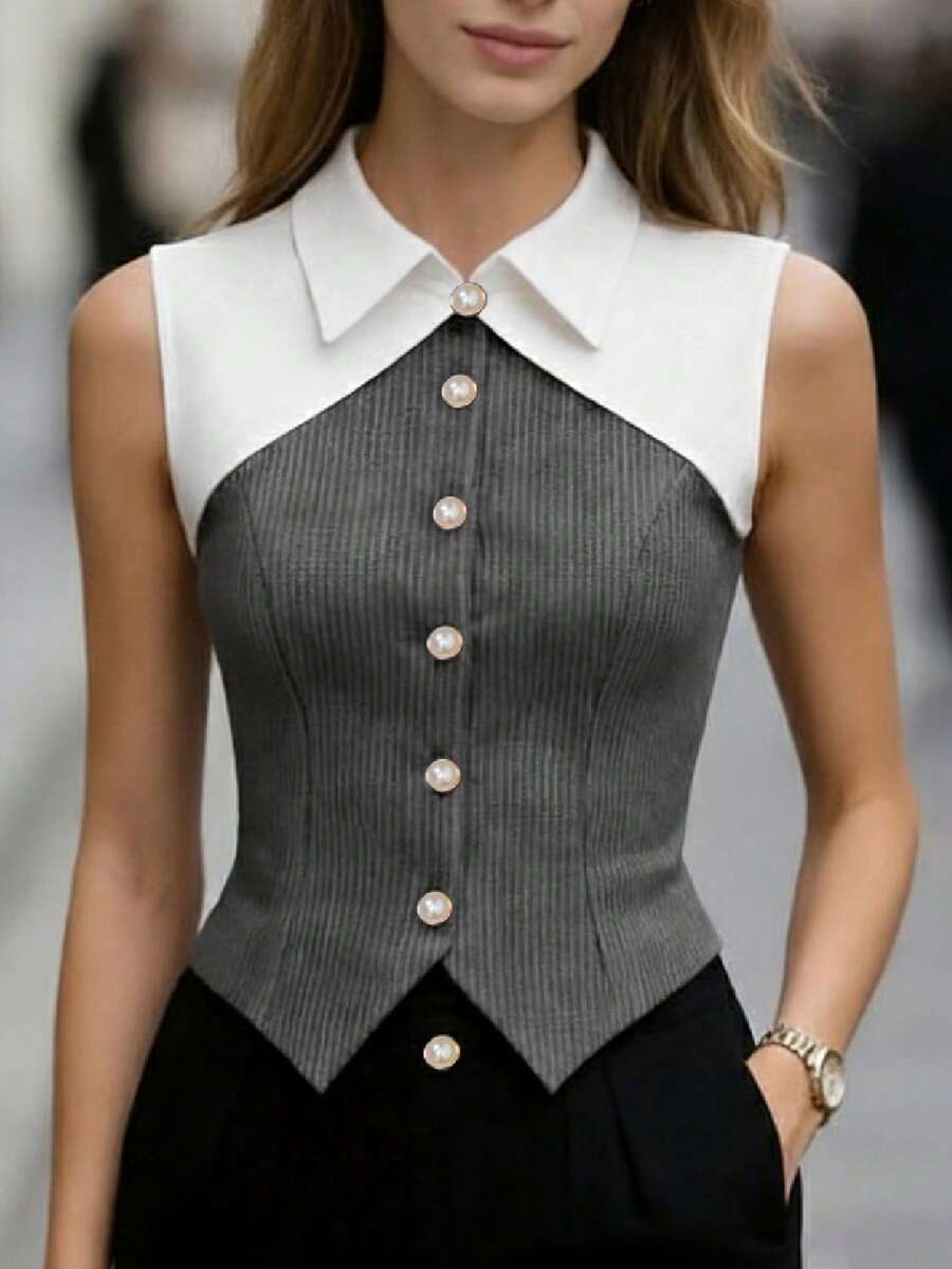Balvessa Áo vest không tay phối màu tương phản thanh lịch dành cho nữ - Nhiều màu - Xem 1
