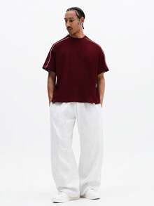 SUMWON Men's Short Sleeve Crew Neck Tee With White Contrast Piping Detail Regular Fit Essentials Top - Burgundy - View 3