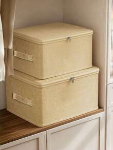 Caja de almacenamiento de tela plegable con tapa para ropa, juguetes y organización del hogar, organizador de algodón y lino para el dormitorio - Amarillo albaricoque - Ver 3