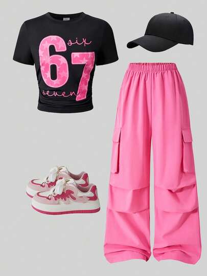 SHEIN 少女数字印花圆领短袖T恤搭配阔腿工装裤，休闲套装，非常适合女孩日常穿着，打造时尚街头风造型。