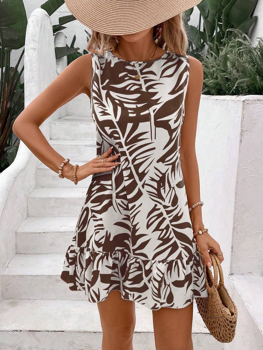 Breezaya 女士夏季热带植物印花露背打结无袖度假风直筒连衣裙，适合海滩度假穿着 - 棕色 - 查看 1