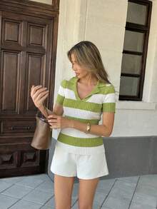 Pariaura Contrast Stripe Polo Collar Knit Top, French Street Style, Short Sleeve Summer Blouse - Olive Green - View 4