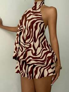 Aloruh Đầm ngắn nữ màu nâu in họa tiết sọc báo, thích hợp cho các buổi đi chơi, hẹn hò, đi làm, đi biển, nghỉ mát, phong cách thanh lịch. - Nhiều màu - Xem 3