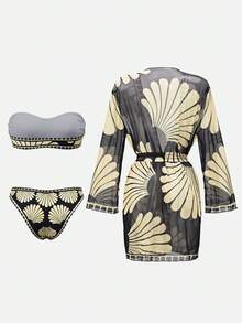 Swim Oasis Women's Summer Beach Print Bandeau Sexy Bikini Set With Kimono Cover-Up - Multicolor - View 9