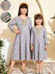 新款时尚女童4-7岁春秋季数码印花长袖连衣裙，时尚可爱日常休闲连衣裙，适合上学、度假、旅行、户外活动、返校等场合。 - 彩色 - 查看 8