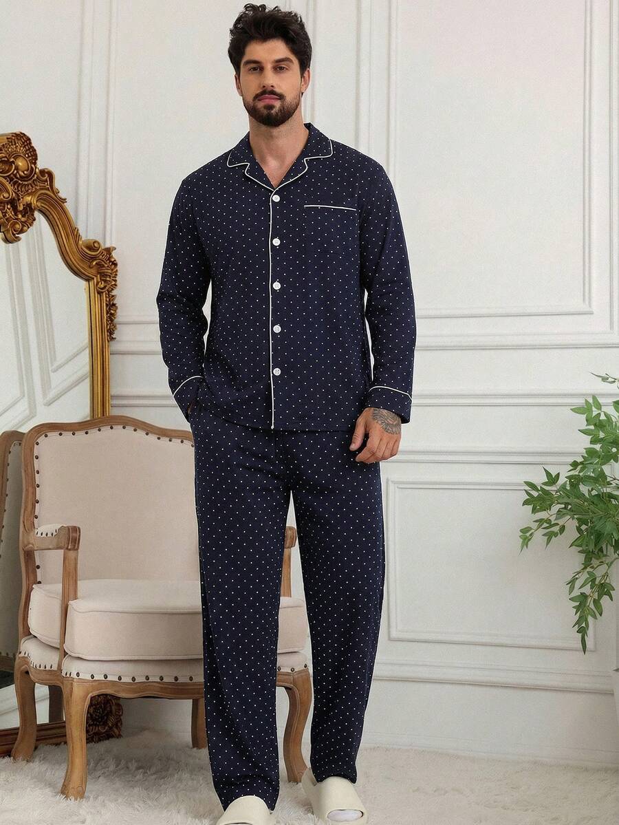 DAZY Spring Long Sleeve Shirt & Pants Polka Dot Men Pajama Set - Multicolor - View 1