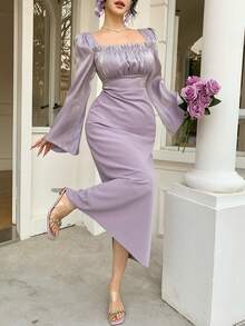 DAZY 女士优雅纯色方领荷叶边喇叭袖连衣裙，春夏婚礼宾客礼服长款连衣裙 - 紫色 - 查看 7