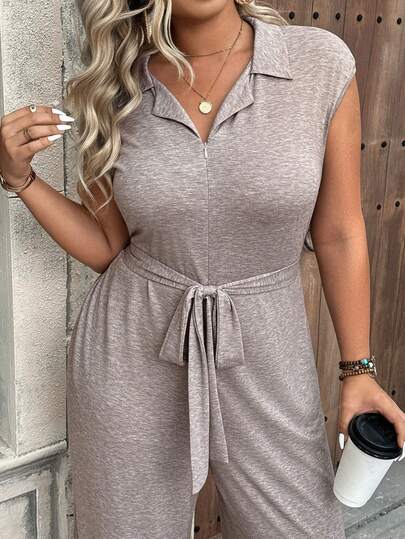 Ceyna 大码女式新款优雅休闲通勤商务连体裤，无袖阔腿连体裤，春夏新款纹理针织侧袋连体裤