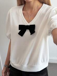 DAZY Women's V-Neck Ribbed Bow Decor Casual Versatile Daily Wear Short Sleeve T-Shirt - White - View 2