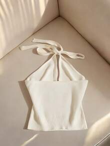 Franclia Women's Simple And Stylish Solid Color Halter Neck Tie-Up Bowknot Off-Shoulder Sleeveless Sexy Elegant Beaded White Slim-Fit Pullover Plus Size Knit Cami Camisole V-Neck Low Cut Backless Fashion Fit Tops, Spring Summer Classy Tops Elegant Tops Bow Tops Pearl Embellished Tops Cute Tops Pearl Tops - White - View 2