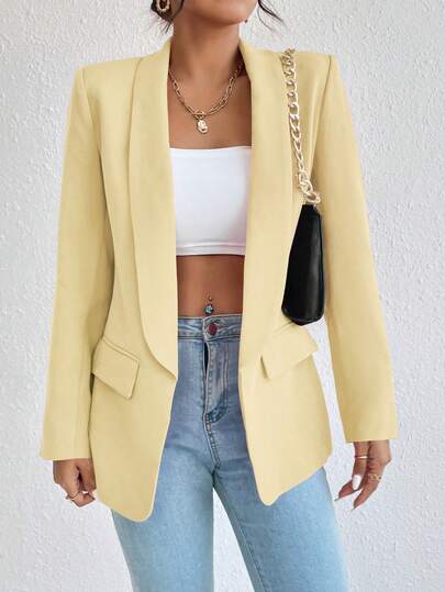 Lumivelle Women's Solid Color Open Front Casual Versatile Commuting Long Sleeve Blazer