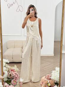 Easowa Women's Pleated Waist Zipper Front Wide Leg Pants, Crepe Satin Textured Fabric, Casual Relaxed Elegant Office/Vacation Trousers, Spring/Summer Boho Pants Wide Leg Summer Pants Cream Pants - Apricot - View 3