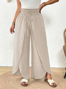 SHEIN Frenchy Plus Size Solid Color Casual Split Pants Wide Leg Summer Pants Loose Pants - Khaki - View 5