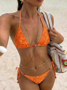 Voyashape New Sexy Printed Backless Triangle Bikini Swimsuit - Orange - View 1