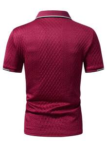Manfinity Homme Men's Casual Textured Jacquard Ribbed Short Sleeve Polo Shirt, Summer Men Buttoned Knitted Polo - Burgundy - View 3