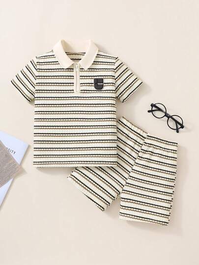 SHEIN Casuvi Kids 男童休闲罗纹半拉链上衣短裤套装（2件套），适合夏季、户外活动及各种场合，简约舒适。